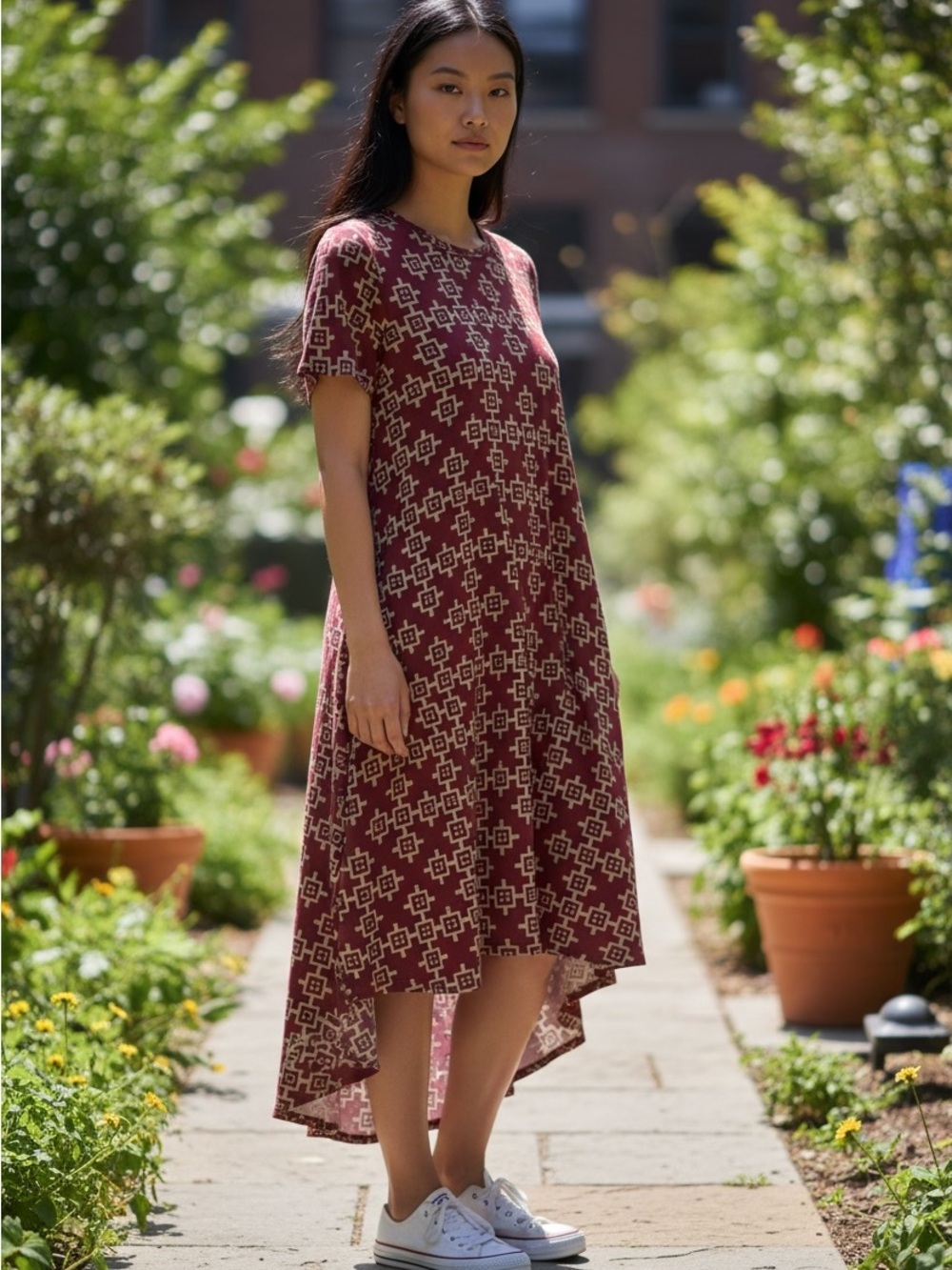 LuLaRoe Burgundy and Cream Large High-Low Geo-Print Dress NWT